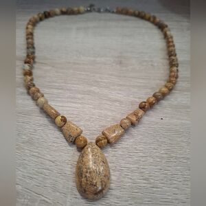 Vintage Picture Jasper Natural Stone Beaded Mala Pendant Necklace